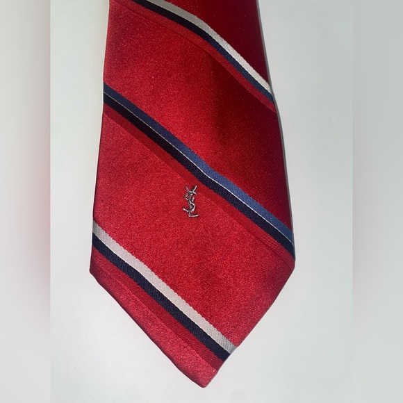 YSL Men's Red Striped Silk Neck Tie - Picture 5 of 10